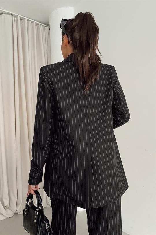 Çizgili Blazer Takım Siyah