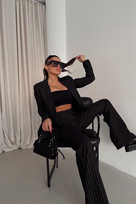 Çizgili Blazer Takım Siyah