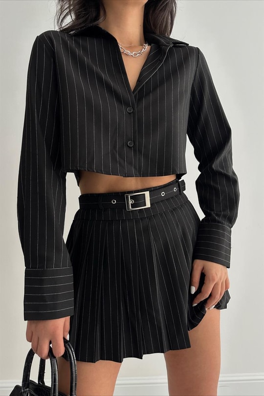 Çizgili Crop Etek Gömlek Takım Siyah