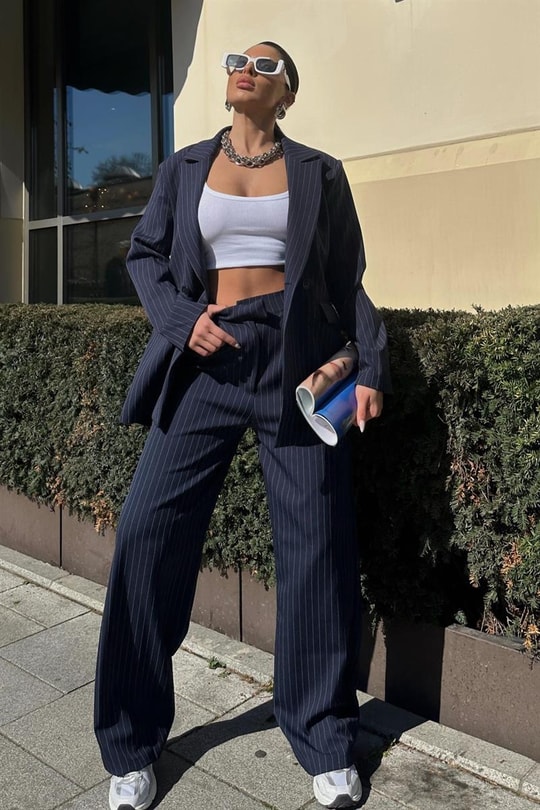 Çizgili Oversize Takım Lacivert