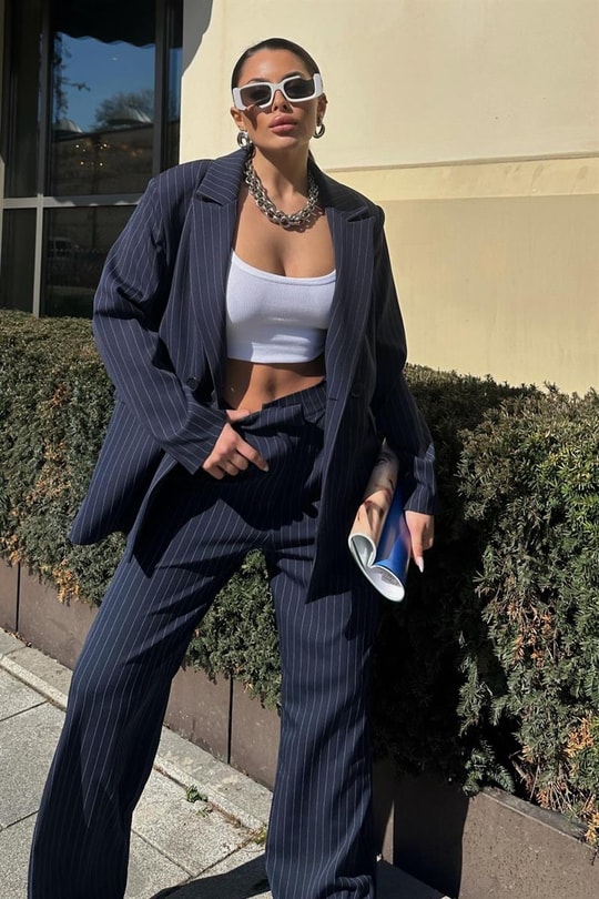 Çizgili Oversize Takım Lacivert