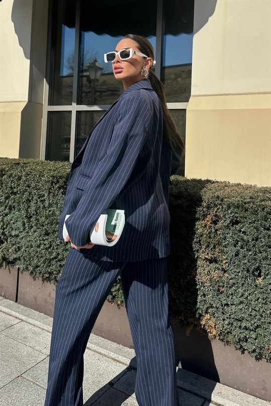 Çizgili Oversize Takım Lacivert