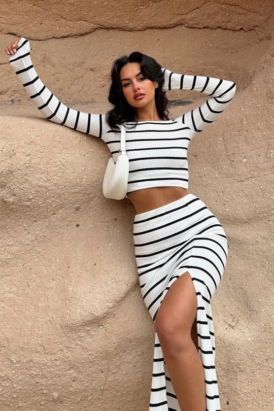 Çizgili Paris Takım Beyaz