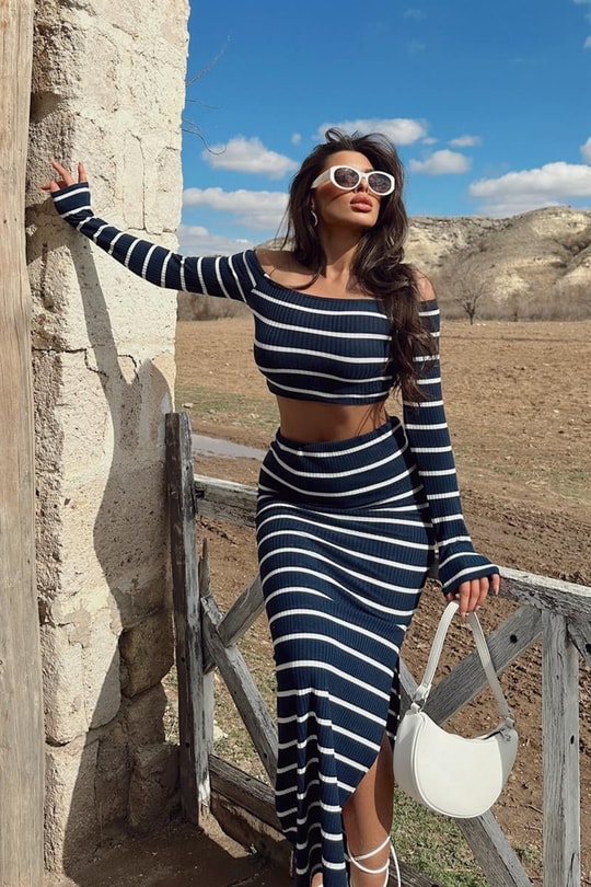 Çizgili Paris Takım Lacivert