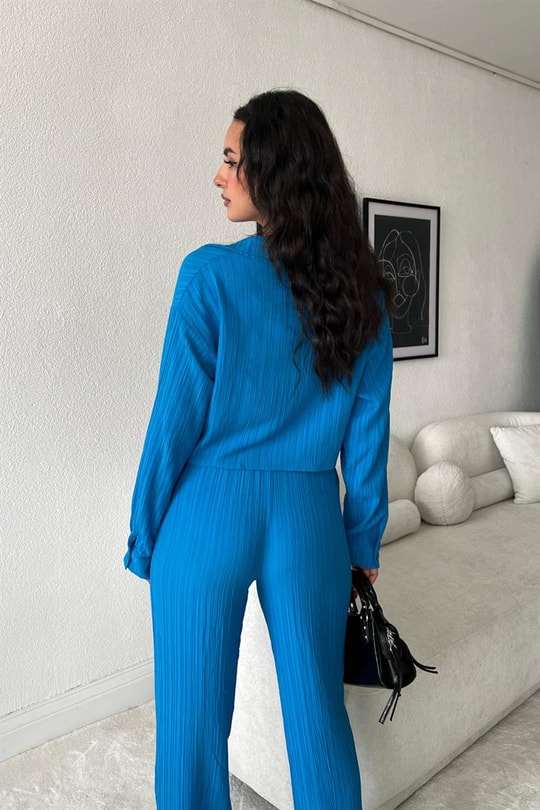Çizgili Relax Gömlek Pantolon Takım Saks Mavisi