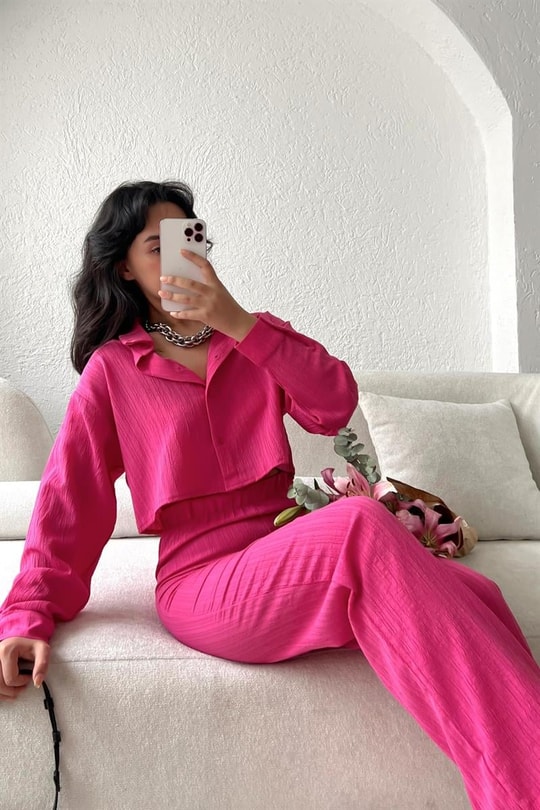 Çizgili Relax Gömlek Pantolon Takım Pembe