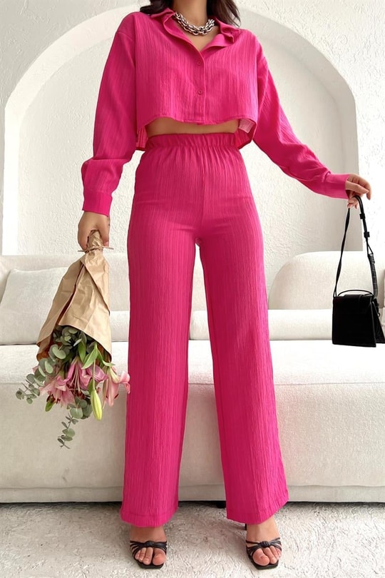 Çizgili Relax Gömlek Pantolon Takım Pembe
