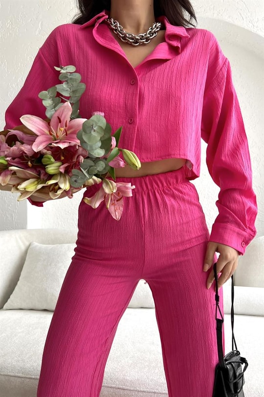 Çizgili Relax Gömlek Pantolon Takım Pembe