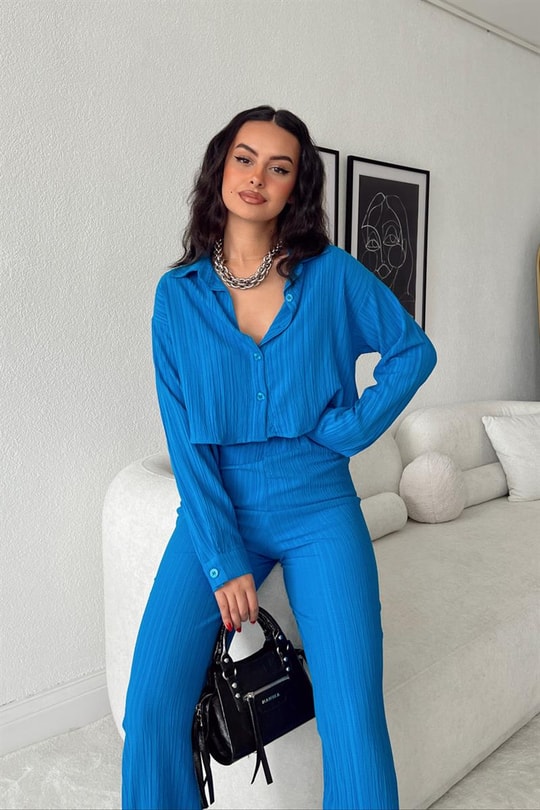 Çizgili Relax Gömlek Pantolon Takım Saks Mavisi