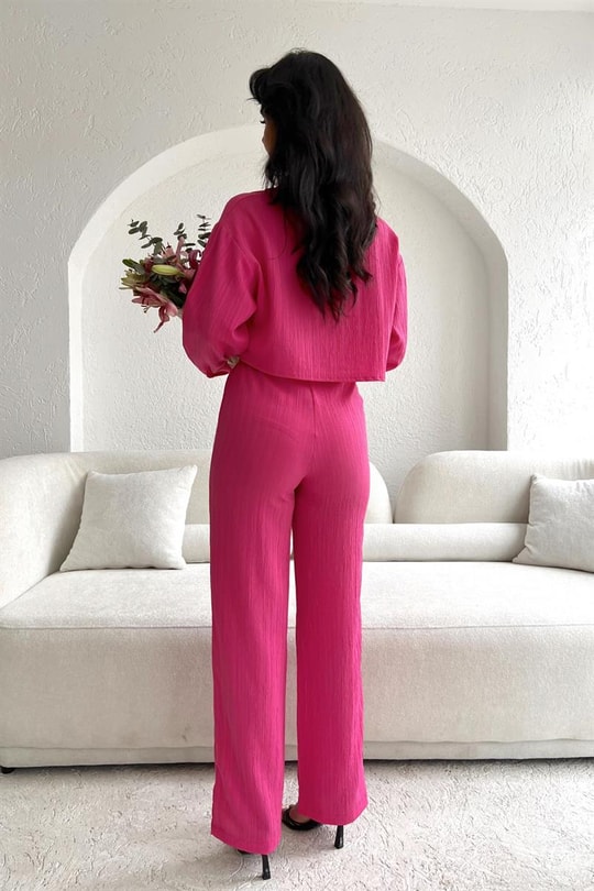 Çizgili Relax Gömlek Pantolon Takım Pembe