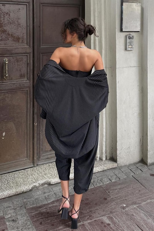 Çizgili Üçlü Kimono Takım Siyah