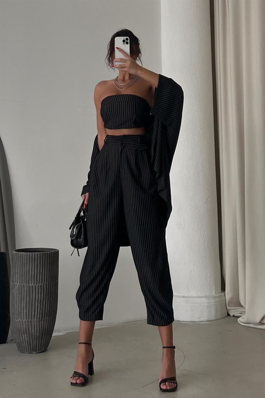 Çizgili Üçlü Kimono Takım Siyah