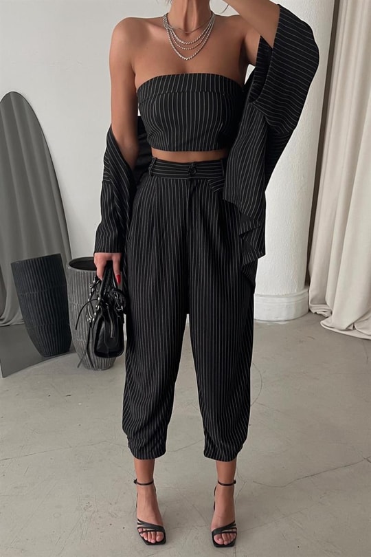 Çizgili Üçlü Kimono Takım Siyah
