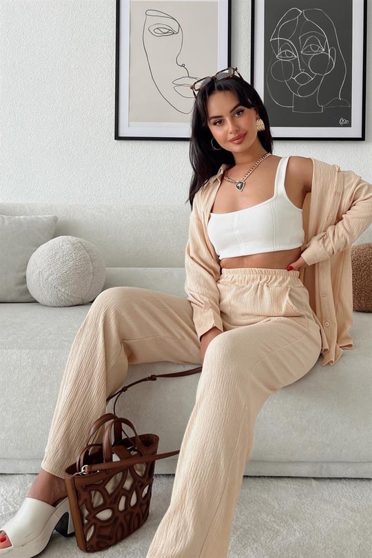 Comfy Piliseli Gömlek Takım Bej
