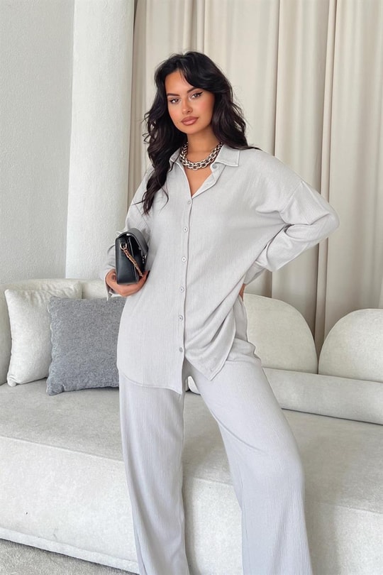 Comfy Piliseli Gömlek Takım Gri