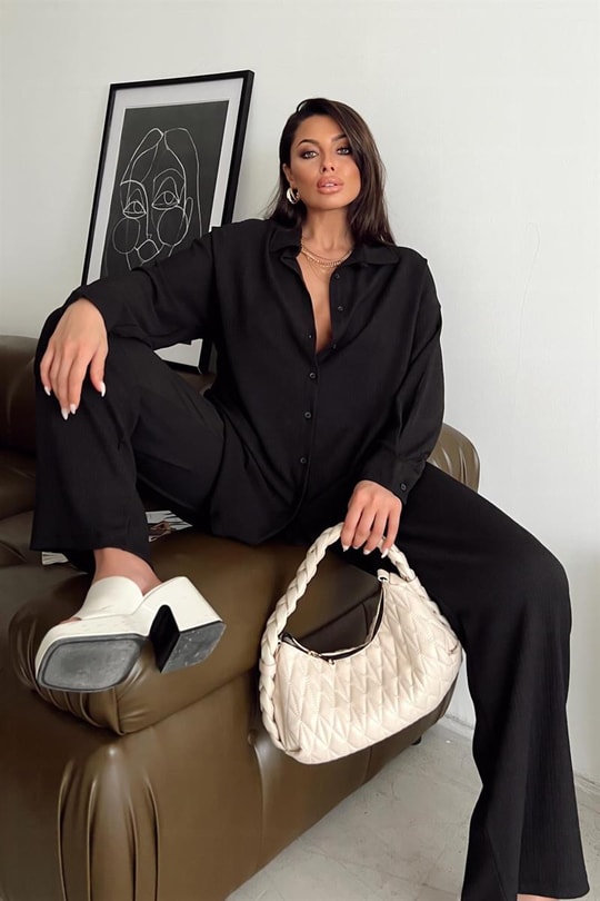 Comfy Piliseli Gömlek Takım Siyah