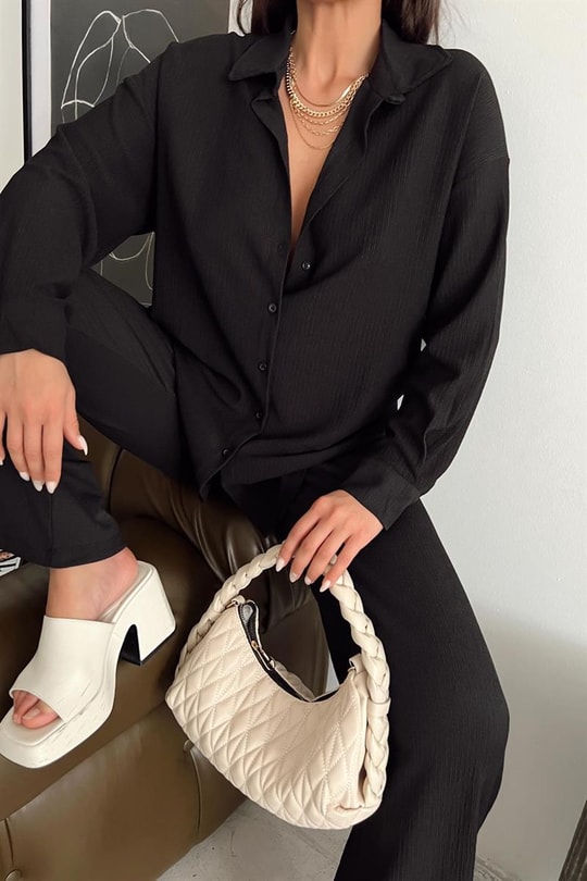 Comfy Piliseli Gömlek Takım Siyah
