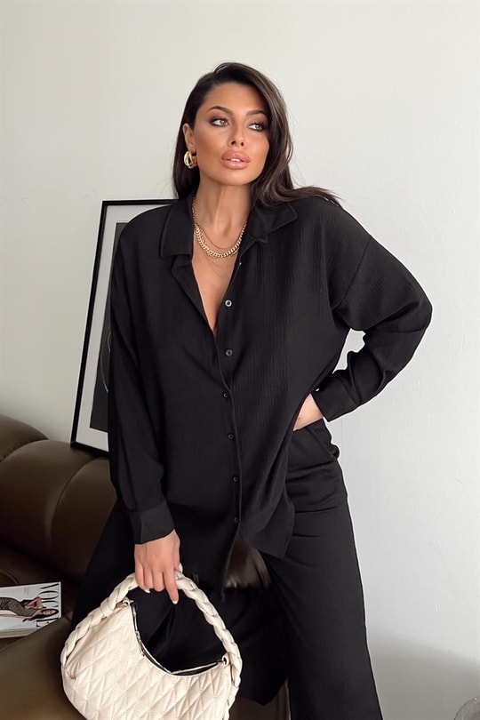 Comfy Piliseli Gömlek Takım Siyah