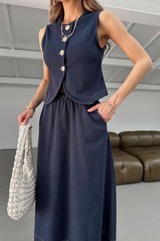 Denim Etekli Takım Lacivert
