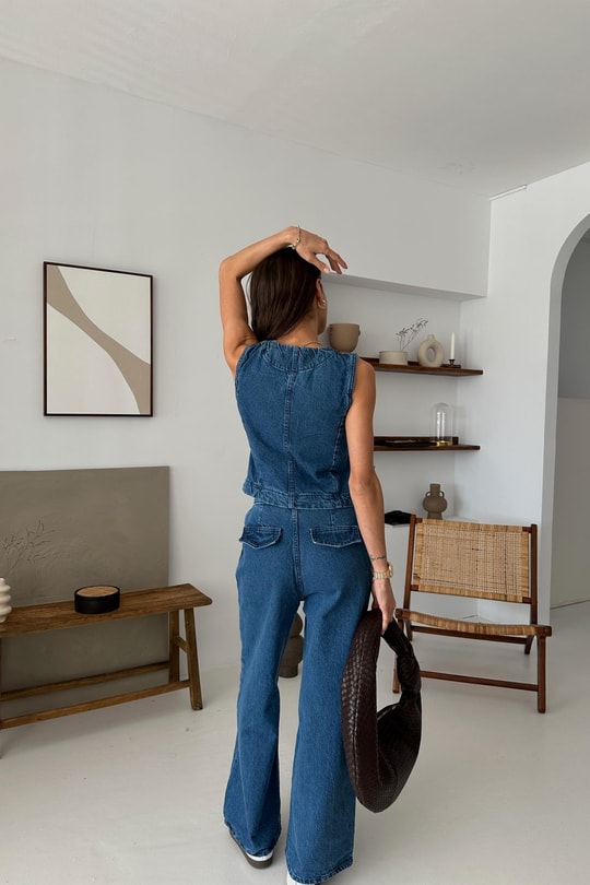 Denim Palazzo Pantolon Yelek Takım Mavi