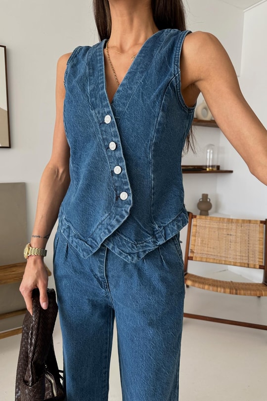 Denim Palazzo Pantolon Yelek Takım Mavi