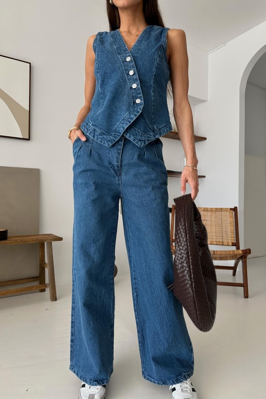 Denim Palazzo Pantolon Yelek Takım Mavi