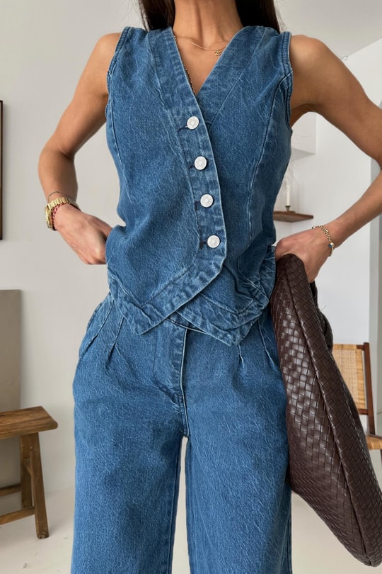 Denim Palazzo Pantolon Yelek Takım Mavi
