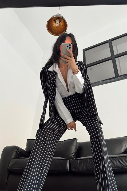 Derin Çizgili Blazer Takım Siyah