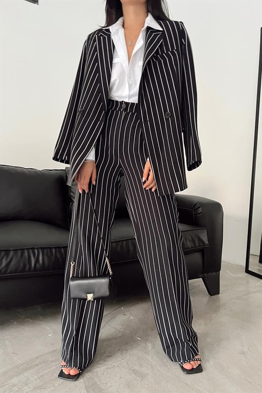 Derin Çizgili Blazer Takım Siyah