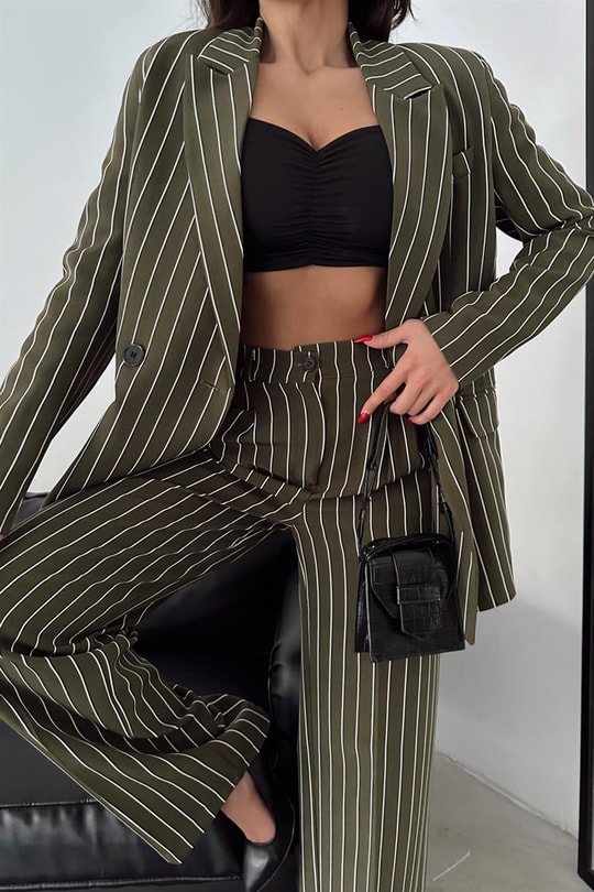Derin Çizgili Blazer Takım Yeşil