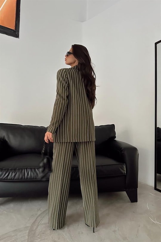 Derin Çizgili Blazer Takım Yeşil