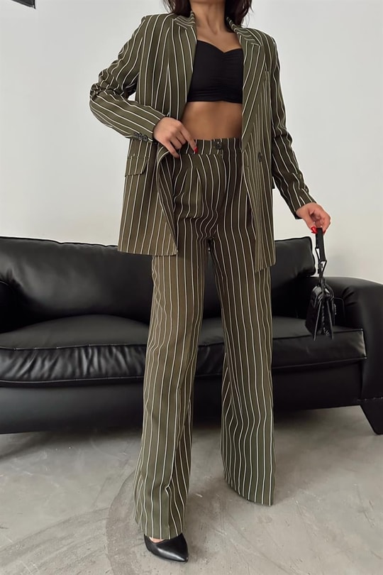 Derin Çizgili Blazer Takım Yeşil