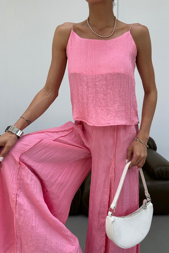 Dikiş Detay Pantolon Takım Pembe