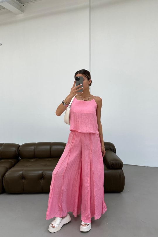 Dikiş Detay Pantolon Takım Pembe