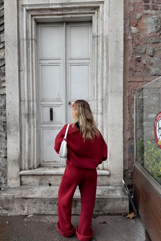Dikiş Detaylı Hırka Takım Bordo