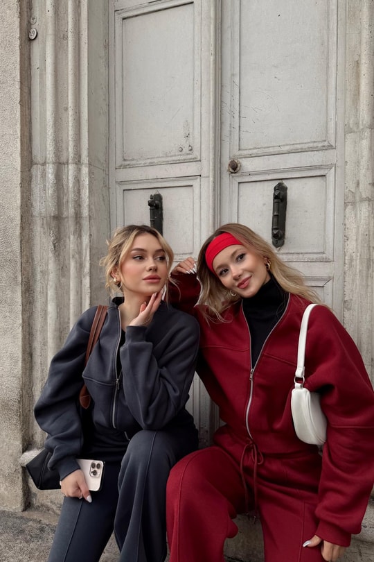 Dikiş Detaylı Hırka Takım Bordo