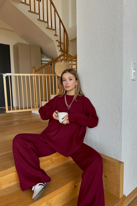 Fitilli Triko Takım Bordo