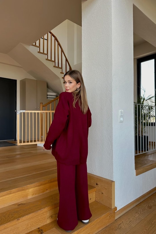 Fitilli Triko Takım Bordo