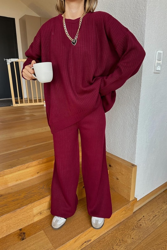 Fitilli Triko Takım Bordo