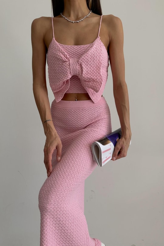 Fiyonk Detaylı Etekli Triko Takım Pembe