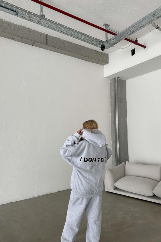I Dont Care Nakışlı Oversize Takım Gri