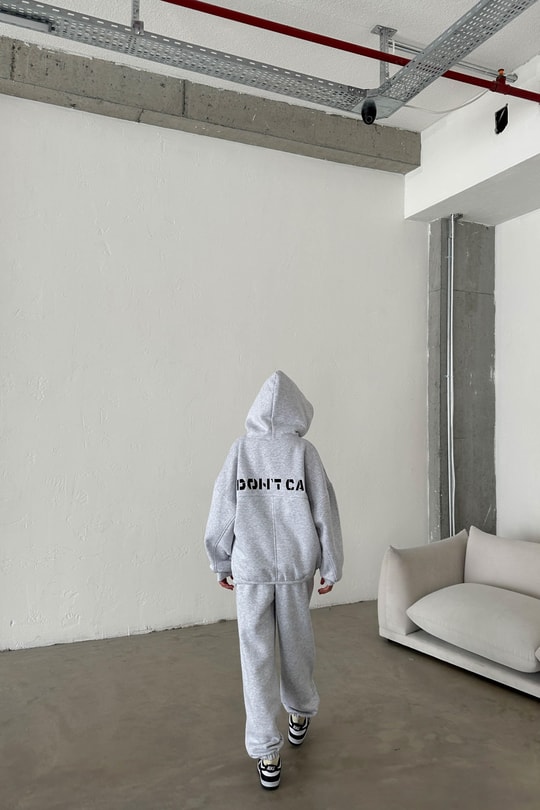 I Dont Care Nakışlı Oversize Takım Gri