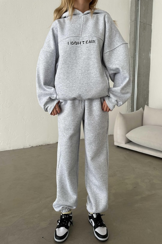 I Dont Care Nakışlı Oversize Takım Gri