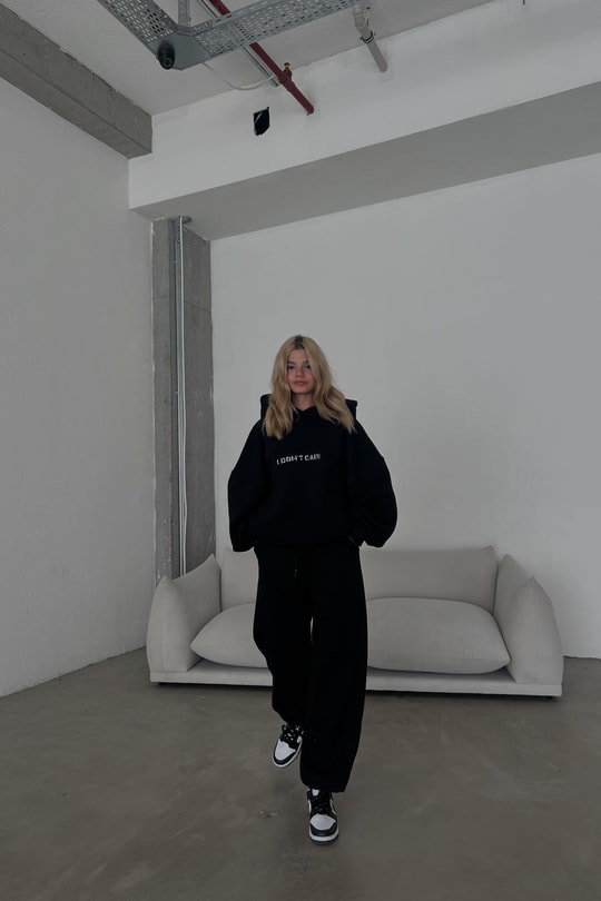 I Dont Care Nakışlı Oversize Takım Siyah