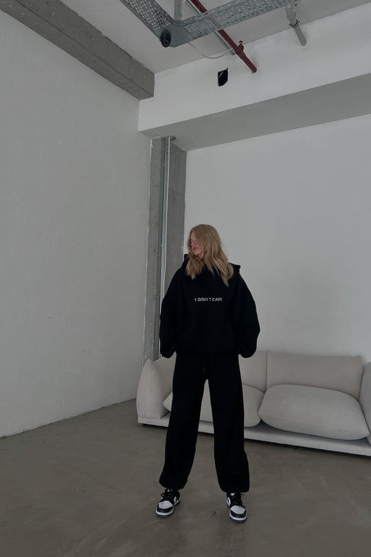 I Dont Care Nakışlı Oversize Takım Siyah