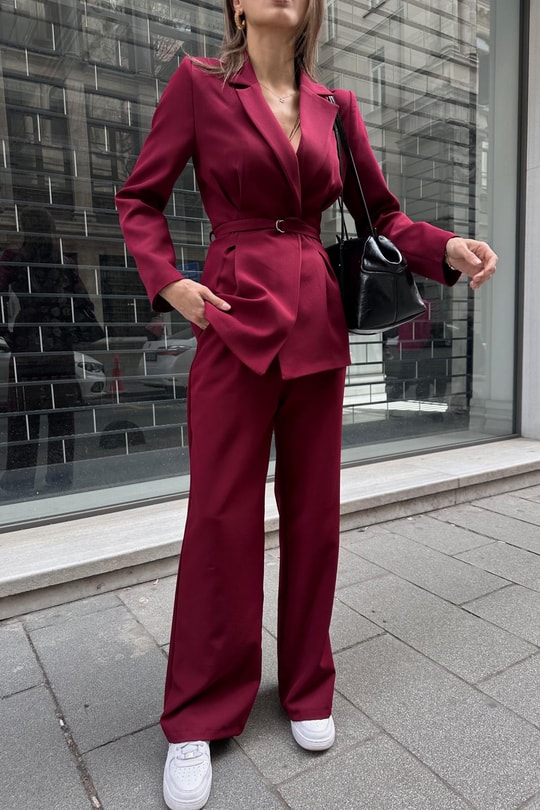 İnce Kemerli Ceket Pantolon Takım Bordo