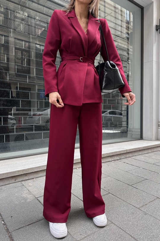 İnce Kemerli Ceket Pantolon Takım Bordo