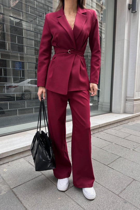 İnce Kemerli Ceket Pantolon Takım Bordo
