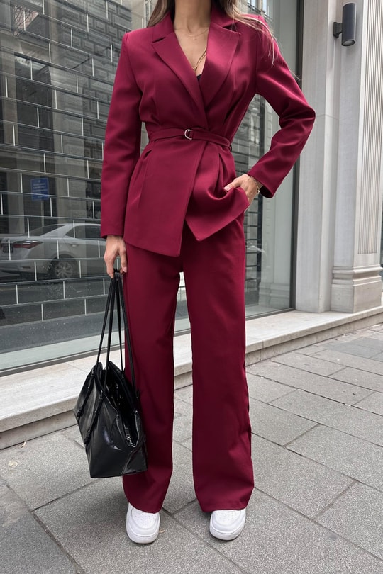 İnce Kemerli Ceket Pantolon Takım Bordo