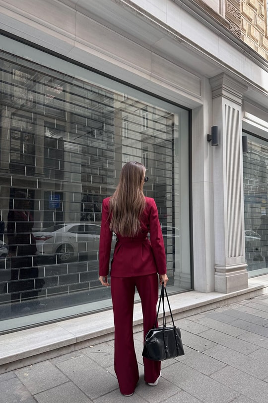 İnce Kemerli Ceket Pantolon Takım Bordo